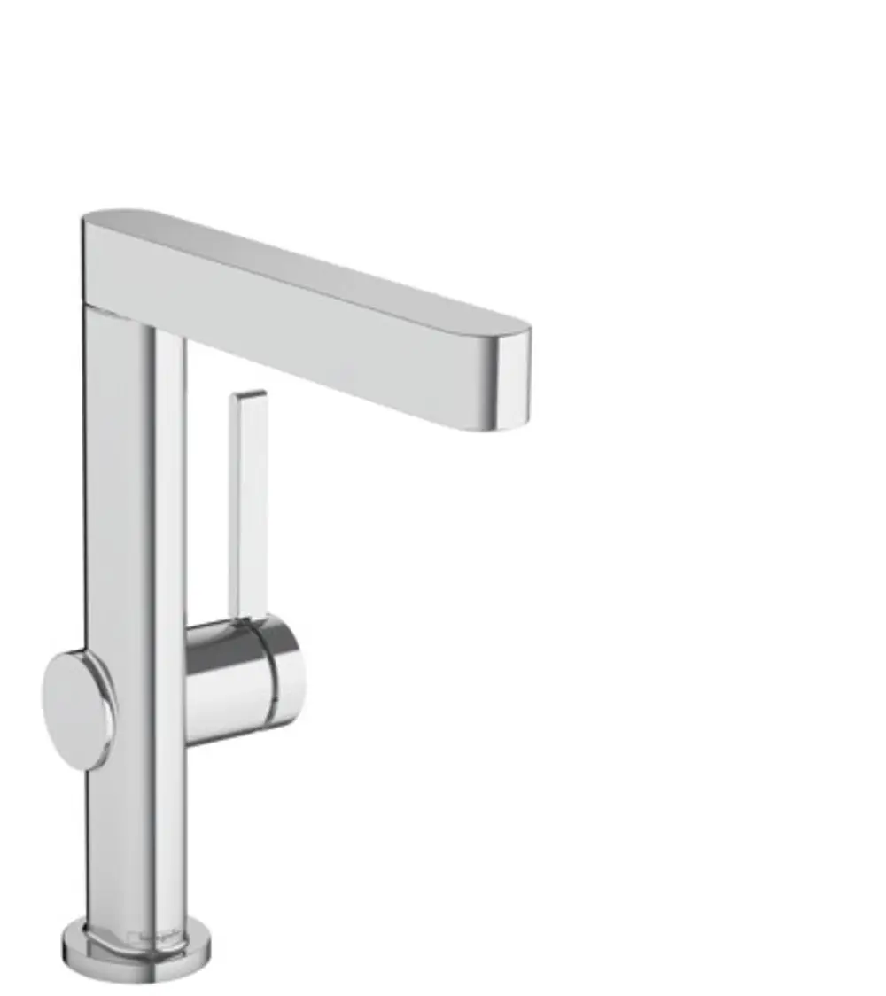 Hansgrohe Einhebel-Waschtischmischer mit schwenkbarem Auslauf und seitlicher Betätigung. Verchromte Oberfläche und von oben sichtbare Push-Open Ablaufgarnitur.
